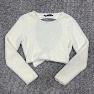 Zara Sweater Womens L Cream Fuzzy Open Back Bow Crop Long Sleeve Knit Cozy